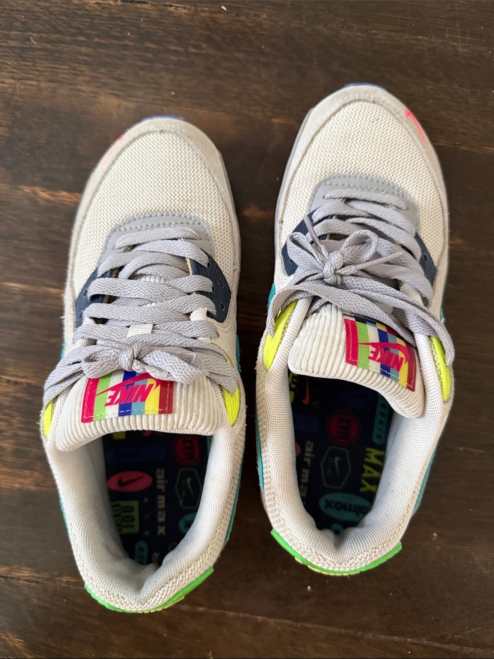 Nike Kids Light Gray Sneakers with Neon Yellow & Pink Accents